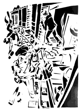 hobo catching train, chased by Bull