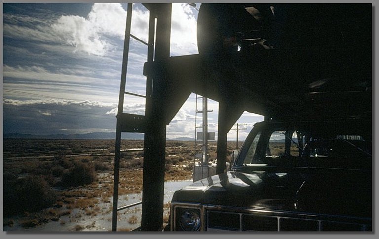 riding autorack, somewhere in Nevada, January 1978