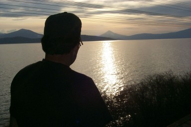 Short Track is mesmerized by the sunset over Upper Klamath Lake